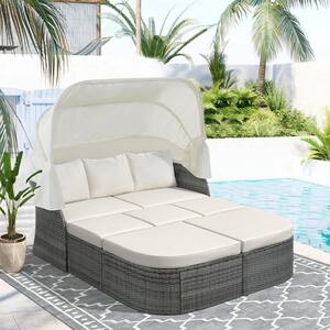 Gray 6-Piece Wicker Outdoor Patio Sofa Sunbed Set with Beige Cushions, Retractable Canopy