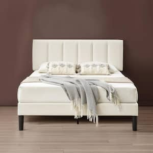 Upholstered Bed, Modern Platform Bed with Adjustable Headboard, Heavy-Duty Tufted Queen Bed Frame with Wood Slat, White