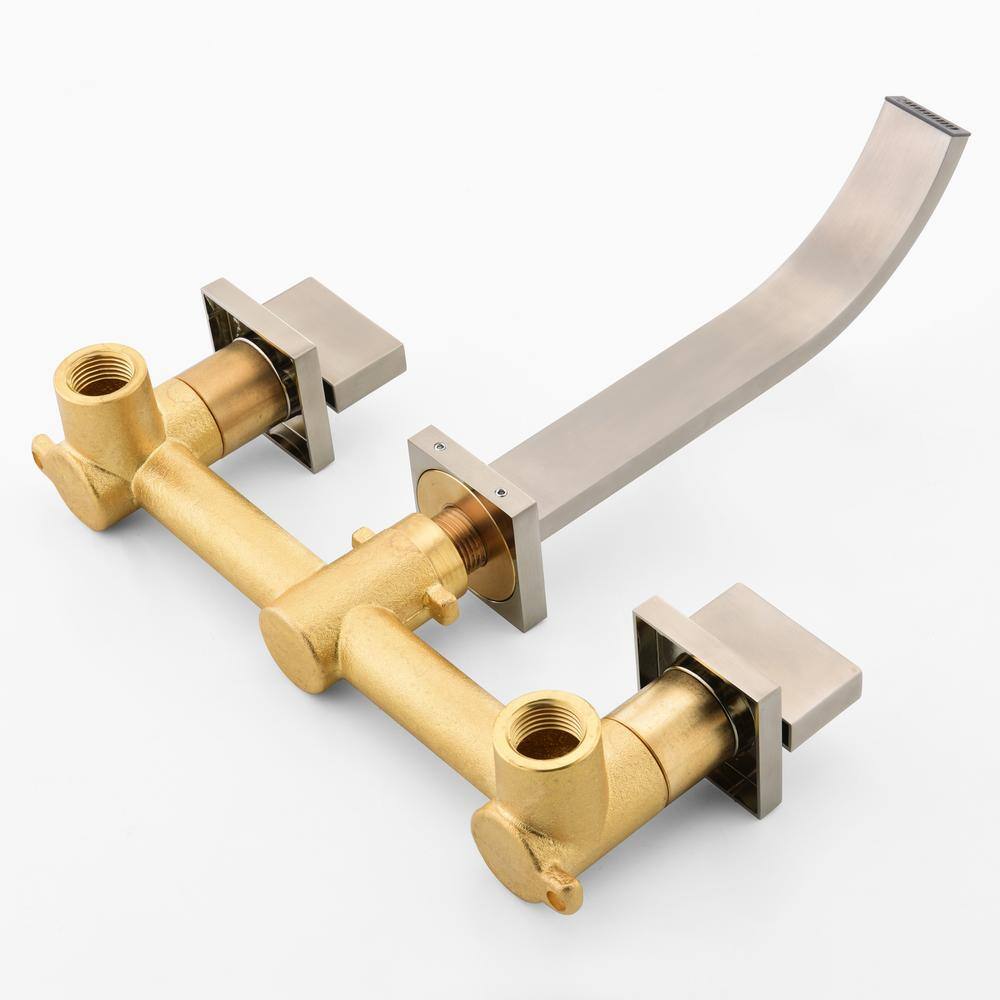 Brushed Nickel Wall Mount Double Handle Bathroom Faucet
