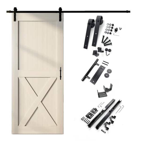 HOMACER 42 in. x 84 in. X-Frame Tinsmith Gray Solid Pine Wood Interior Sliding Barn Door with Hardware Kit, Non-Bypass