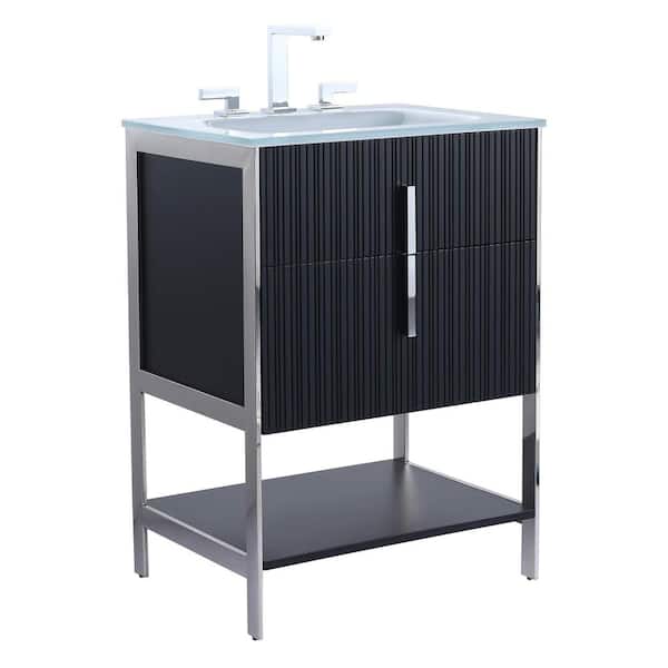FINE FIXTURES 24 in. W x 18 in. D x 33.5 in. H Bath Vanity in Black Matte with Glass Vanity Top in White With Chrome Hardware