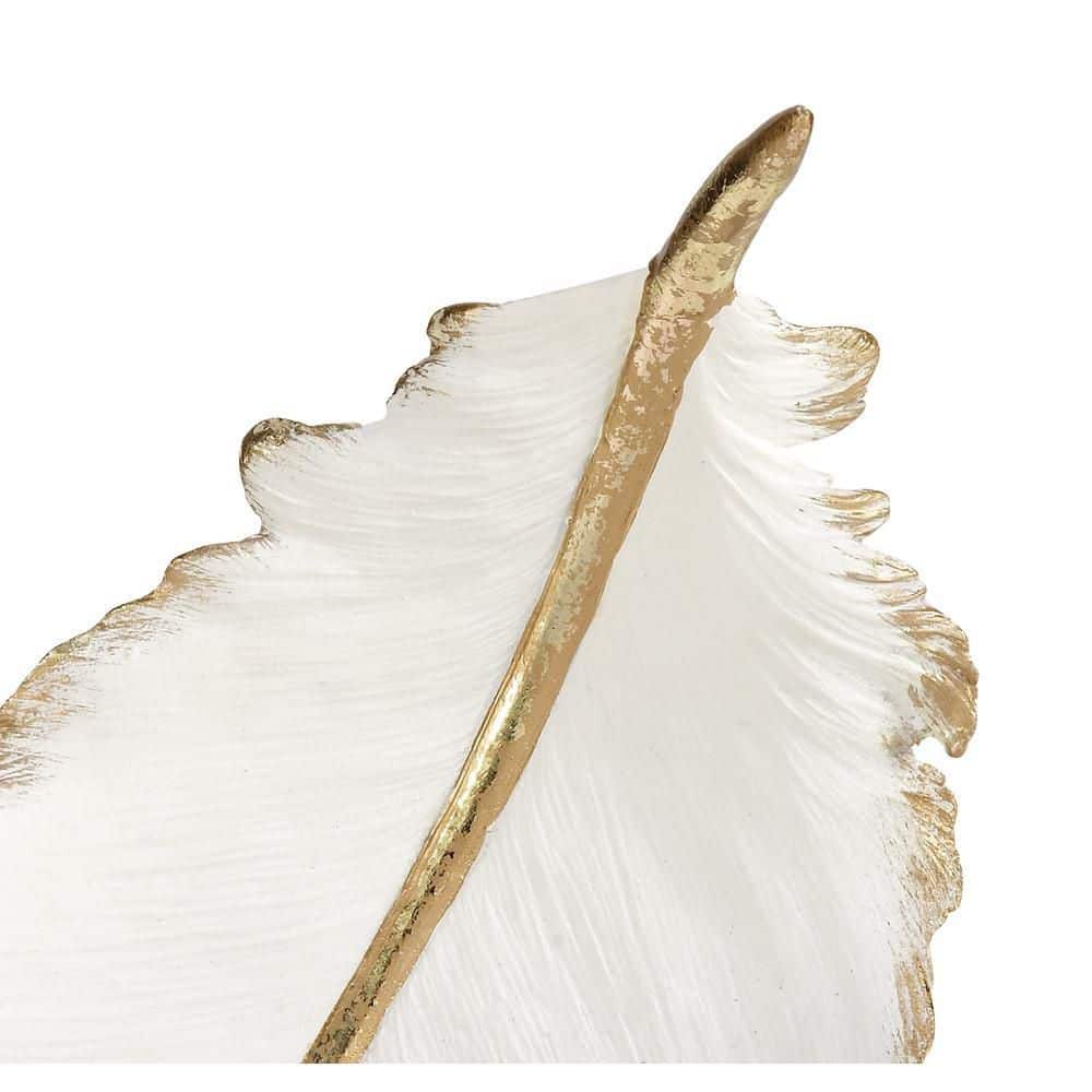 Elegant Oval White and Gold Polystone Feather Decorative Bowl