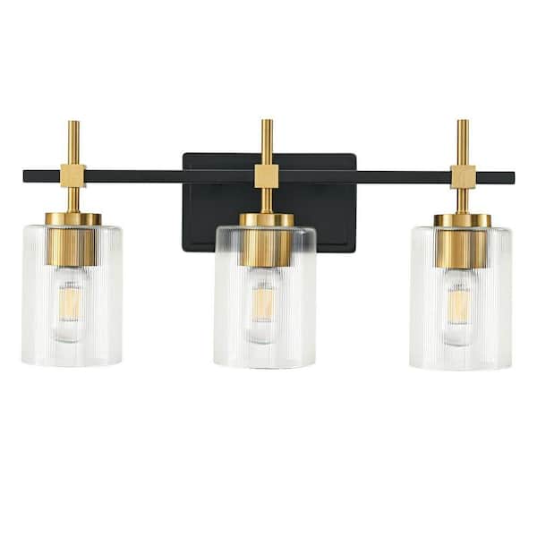 21 in. 3 Light Matt Black Paint/Gold Plating Vanity Light with Clear Ribbed Galss Shade