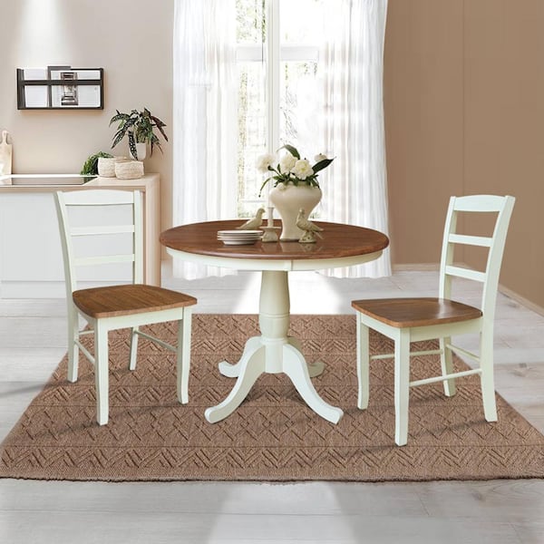 International Concepts Laurel 3-Piece Round Hickory/Shell Solid Wood Round Top Dining Table Set with 2 Madrid Chairs Seats 4