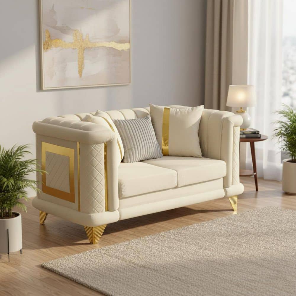 OBMOC 69 in. Rolled Arm Velvet Rectangle Sofa with Plush Cushions and Gold Stainless Steel Legs in Soft Beige price history on PriceWatchPro
