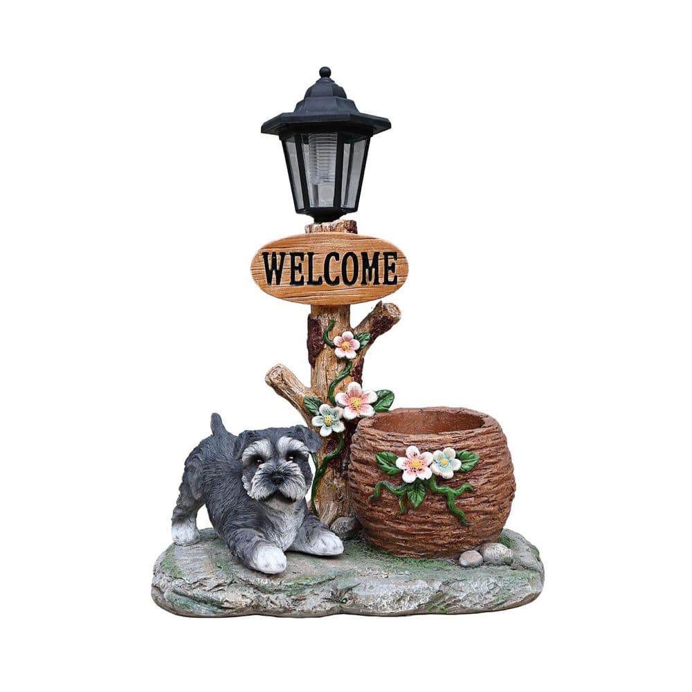 GOGEXX Gray 14.17 in. x 18.5 in. Resin Schnauzer Dog Solar Planter