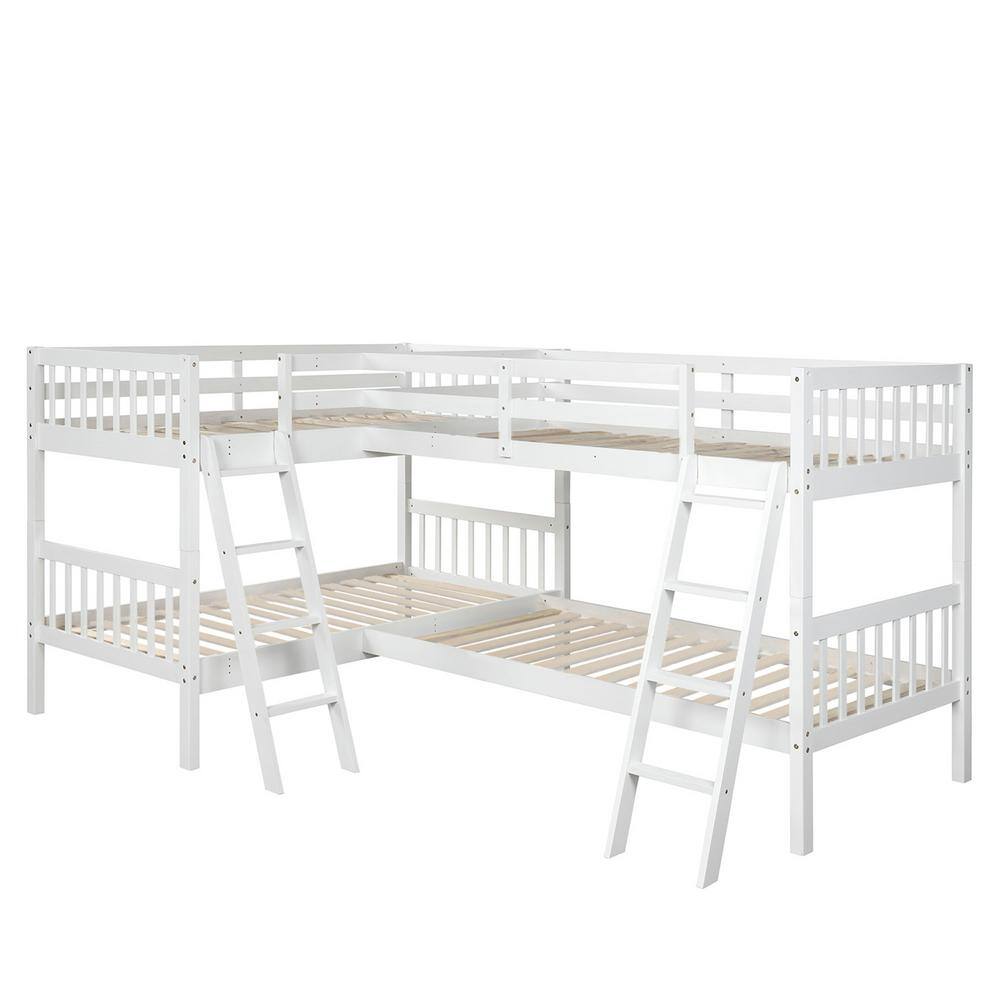Miscool LShaped White Twin Size Adjustable Bunk Bed with Ladder for 4