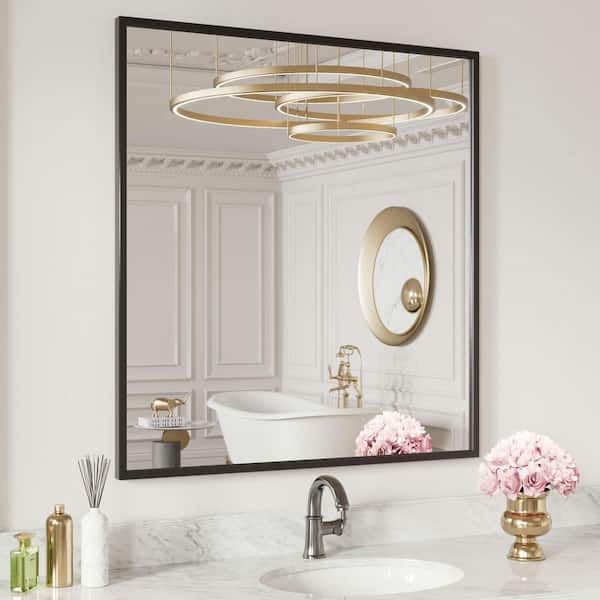 30 in. W. x 36 in. H Rectangular Framed French Cleat Wall Mounted Tempered Glass Bathroom Vanity Mirror in Matte Black