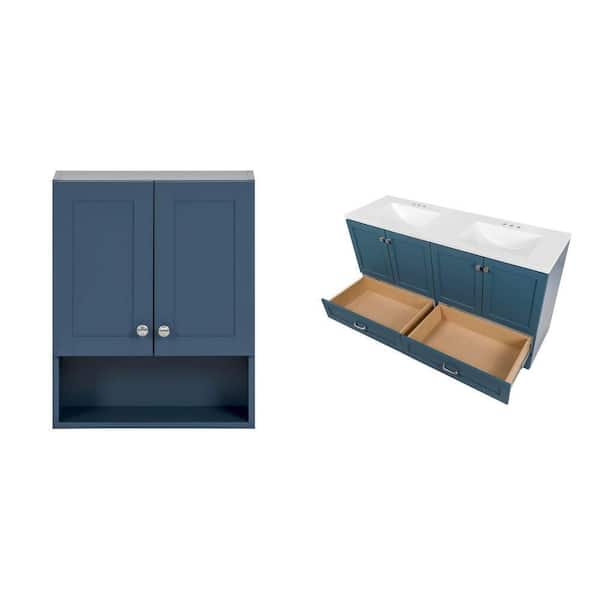 Lancaster 61 in. W Double Sink Vanity in Admiral Blue and 21 in. Admiral Blue Storage Cabinet Combo