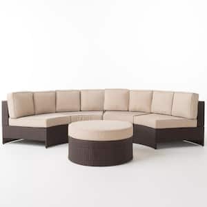 Brown 5-Piece Faux Rattan Outdoor Sectional and Ottoman Set with Textured Beige Cushions