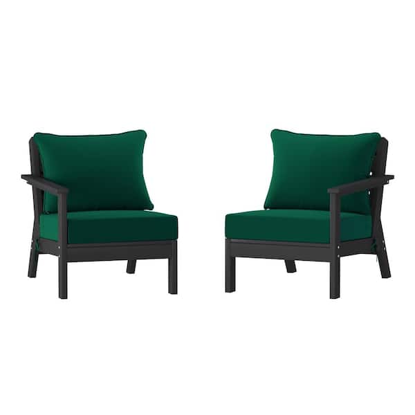 WESTIN OUTDOOR Birchwood Black Arrangeable Outdoor Patio 2-Piece Deep Seating HDPE Loveseat Arm Chair Set with Green Cushions
