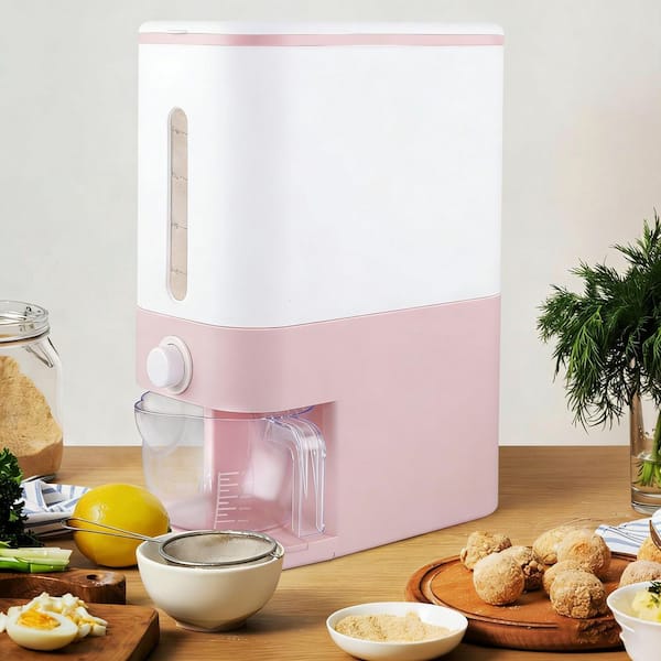 22.5-25 lb. Pink Rice Dispenser Container with Lid, Rice Storage Container with Measuring Cup for Household Rice Bucket