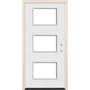 36 in. x 80 in. Right-Hand/Inswing 3 Lite Clear Glass Unfinished Fiberglass Prehung Front Door with 4-9/16 in. Frame