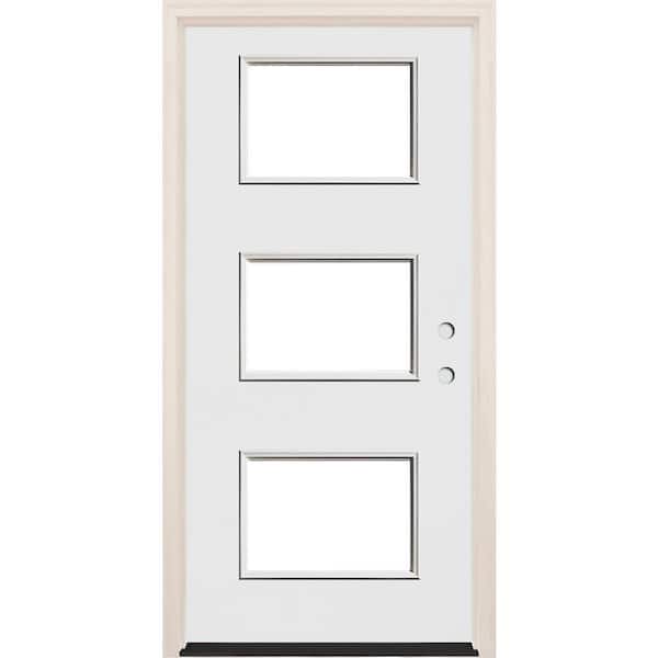 Builders Choice 36 in. x 80 in. Right-Hand/Inswing 3 Lite Clear Glass Unfinished Fiberglass Prehung Front Door with 4-9/16 in. Frame