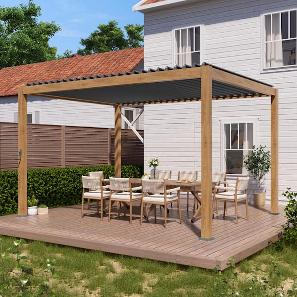10 ft. x 13 ft. Modern Aluminum Frame Pergola for Outdoor Garden with Adjustable Louvered Roof, Wood Grain