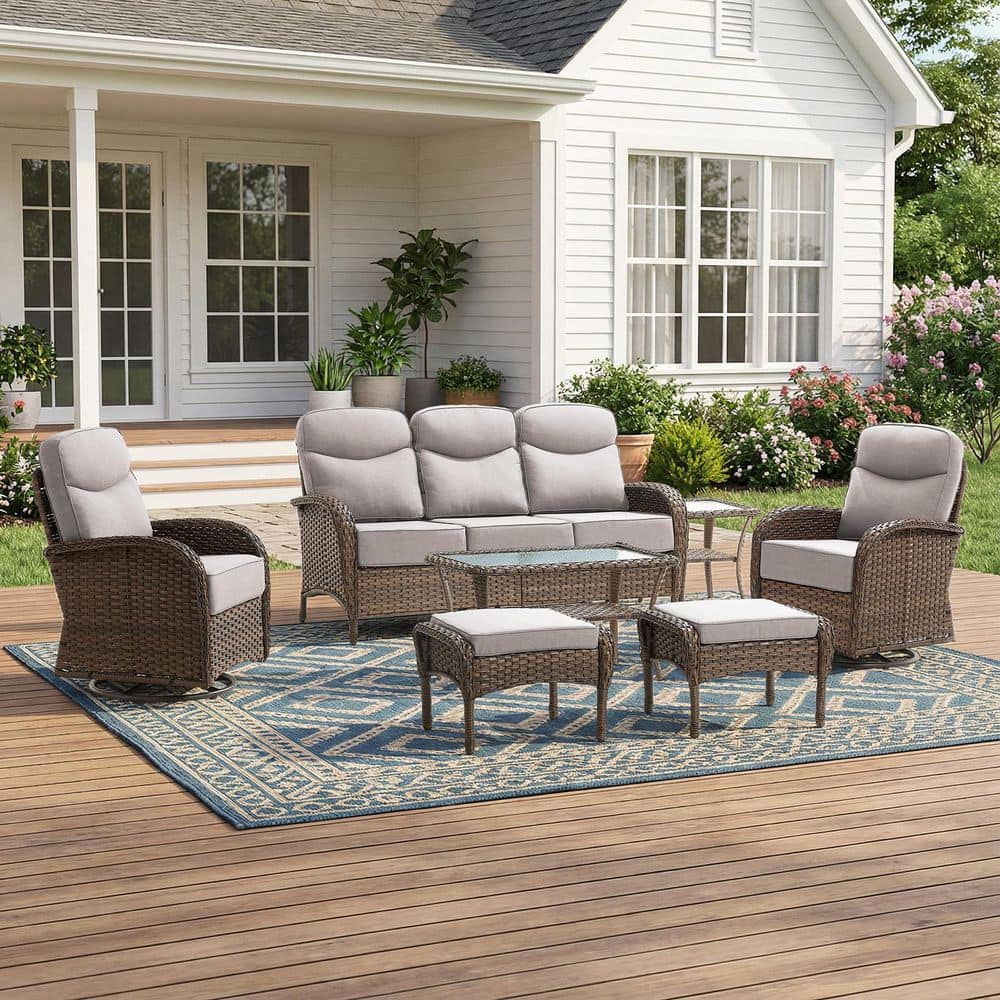 Moonridge 7-Piece Brown Wicker Patio Conversation Set with 6 in. Olefin Beige Cushions/Patio Swivel Chair with Sofa price history on PriceWatchPro