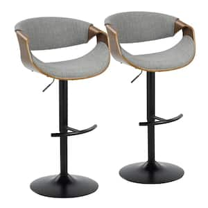 Curvo 33.5 in. Light Grey Fabric, Walnut Wood and Black Metal Adjustable Bar Stool with Rounded T Footrest (Set of 2)