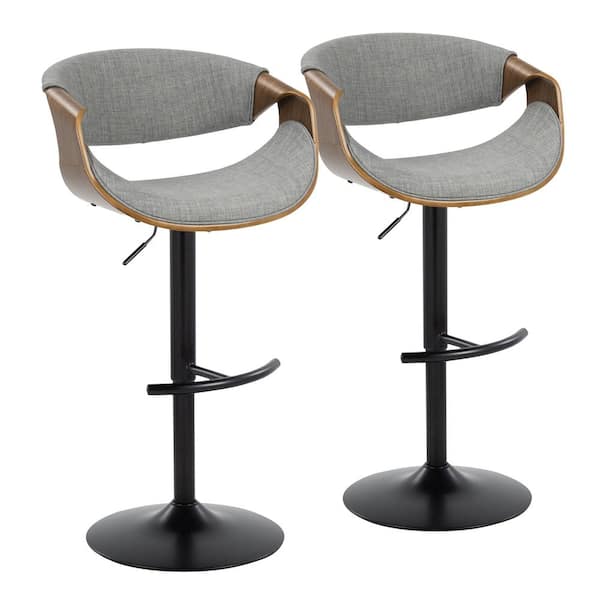 Lumisource Curvo 33.5 in. Light Grey Fabric, Walnut Wood and Black Metal Adjustable Bar Stool with Rounded T Footrest (Set of 2)