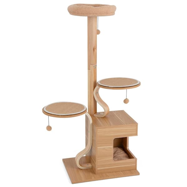 ANGELES HOME Brown Wood Cat Tree with Condo and Washable Cushions