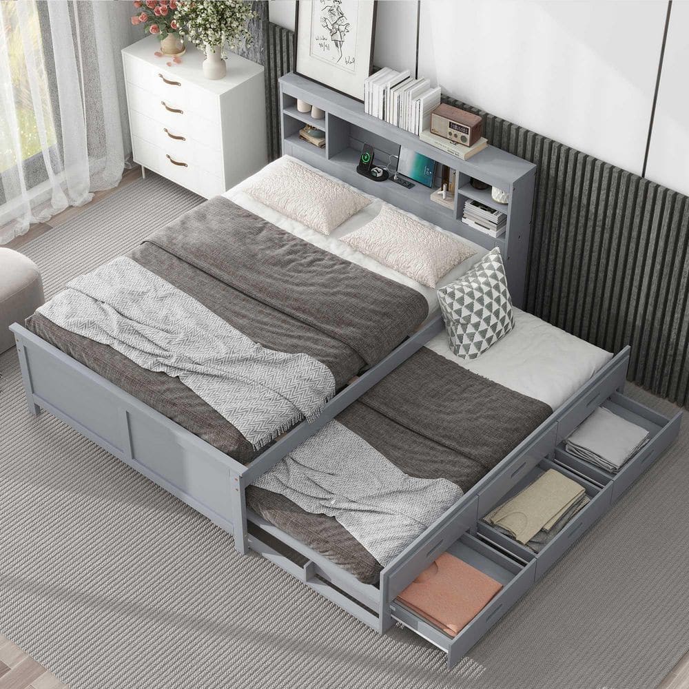 Polibi Gray Wood Frame Full Size Platform Bed with Storage