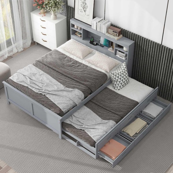 Gray Wood Frame Full Size Platform Bed with Storage Headboard, Usb, Twin Size Trundle and (3-Drawers)
