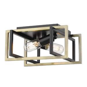 Tribeca 11.5 in. 2-Light Black with Aged Brass Accents Flush Mount