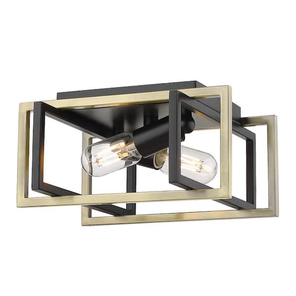 Golden Lighting Tribeca 11.5 in. 2-Light Black with Aged Brass Accents Flush Mount