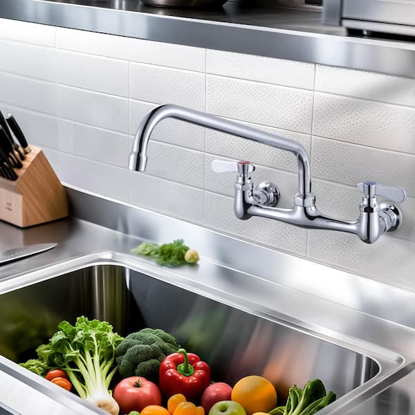 Double Handle Wall Mounted Standard Kitchen Faucet, Commercial Faucet with 14 in. Long Spout in Polished Chrome