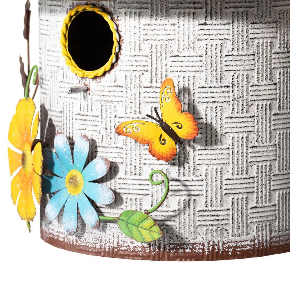 Distressed Metal Cottage Birdhouse with 3D Flowers and Butterfly