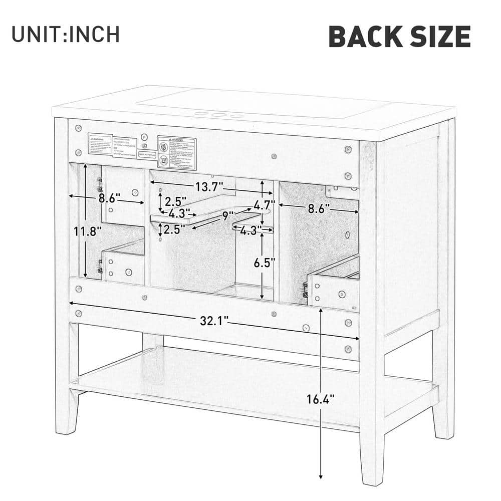 36" White MDF and Ceramic Single Sink Bathroom Vanity with Drawers