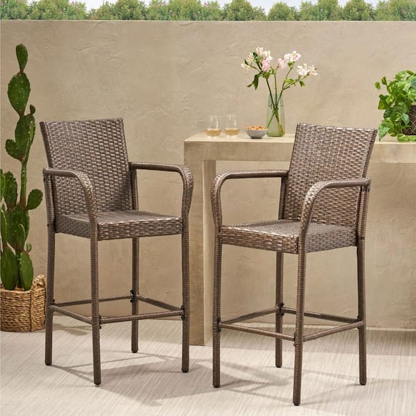 TIRAMISUBEST 2-Piece Outdoor Faux Rattan Iron Frame Brown Wicker Barstools