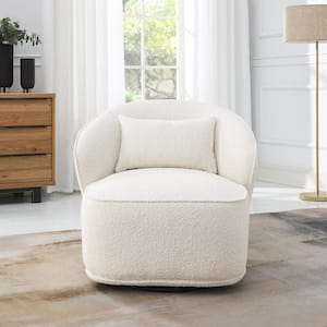 Cream Boucle Upholstered 360° Swivel Barrel Accent Chair with Pillow
