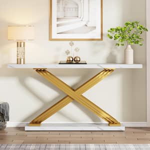 Benjamin 55 in. Gold White Rectangular Marble Long Console Table Modern Behind Sofa Couch Narrow Entryway Home Office