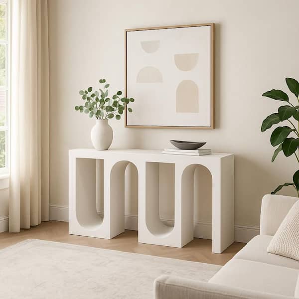 54 in. White Rectangle Wood Console Table with Wavelike Base
