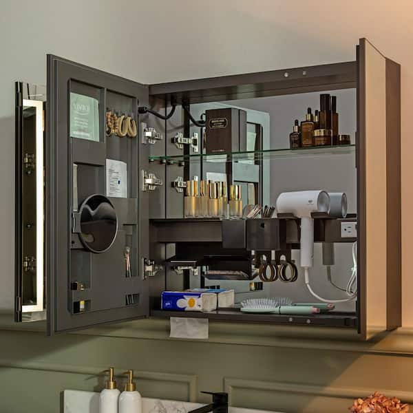 39.4 in. W x 27.75 in. H Large Rectangular Aluminum Surface Mount 3-Door LED Lighted Medicine Cabinet with Mirror