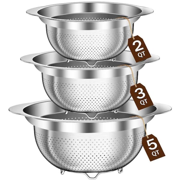 3-Piece Stainless Steel Colander for Kitchen, Pasta Strainer for Spaghetti Fruit Vegetable Cooking Food, Dishwasher Safe