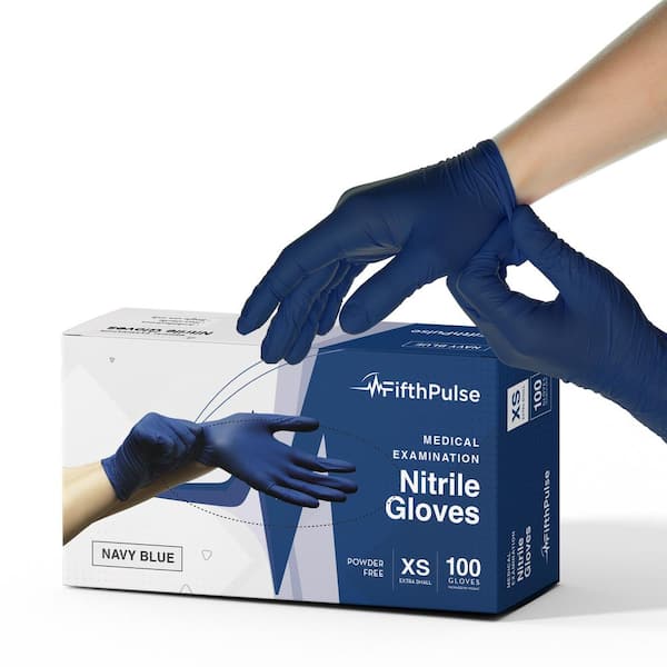FifthPulse Extra Small Nitrile Exam Latex Free and Powder Free Gloves in Navy Blue - Box of 100