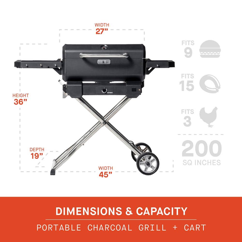 Black Portable Charcoal Grill and Smoker with Cart