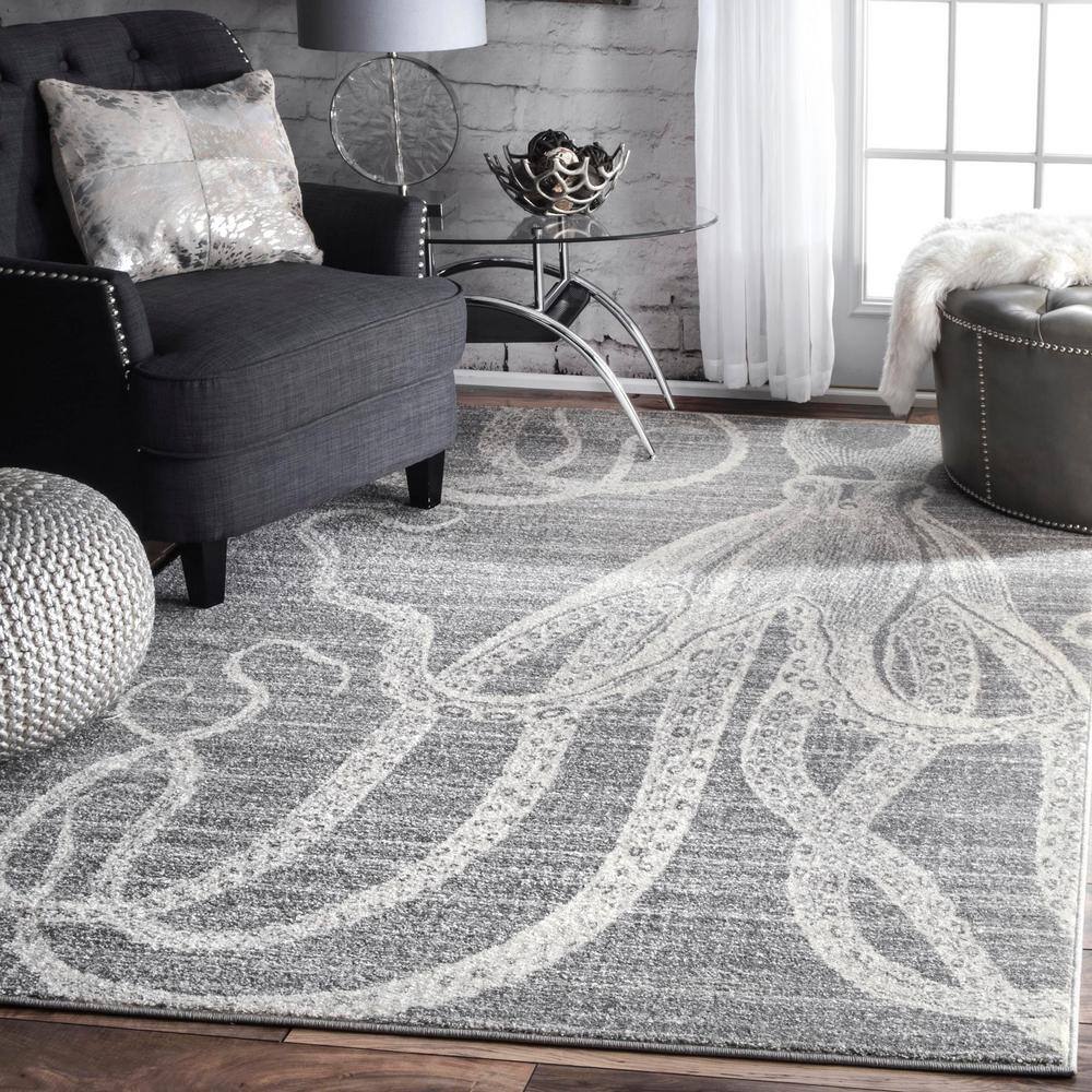 Contemporary Coastal Charm Gray Stripe Synthetic Area Rug, 5' x 8'
