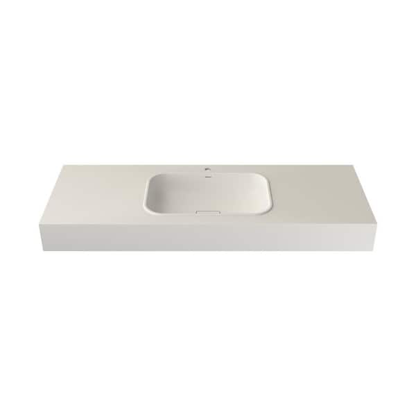59 in. x 21.5 in. Solid Surface Wall-Mounted Bathroom Vessel Sink in White with Faucet Hole