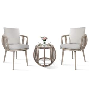 3-Piece Sling Aluminum Round Table Outdoor Bistro Set with Back Cushion and Seat Tan Cushion
