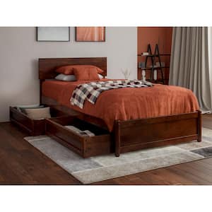 Wesley Walnut Brown Solid Wood Frame Twin XL Platform Bed with Panel Footboard and Storage Drawers