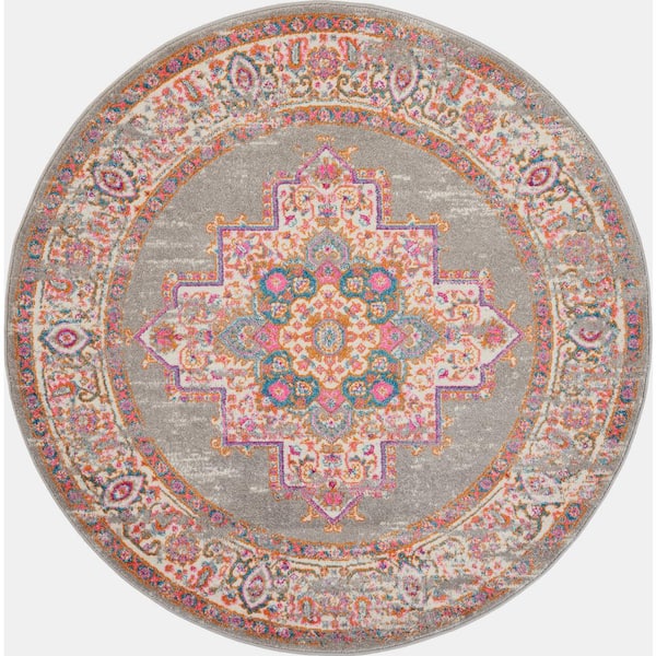 Nourison Passion Grey 8 ft. x 8 ft. Floral Transitional Round Rug