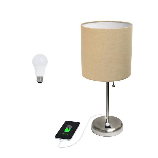 Creekwood home 19.5 in. Contemporary Bedside USB Port Base Standard Metal Table Desk Lamp in Brushed Steel, Tan Shade, with LED Bulb