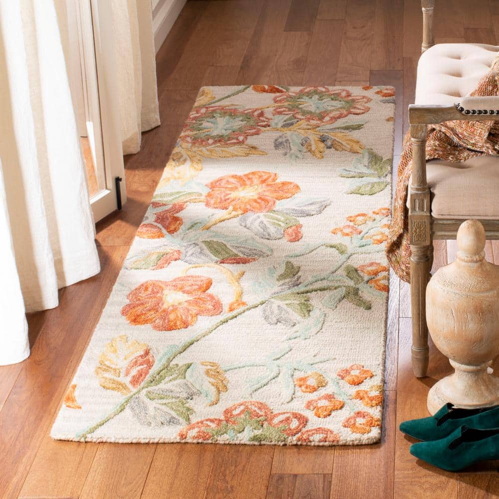 Handmade Floral Wool Runner Rug in Red and Beige
