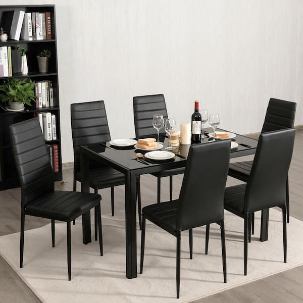 Black Leather T-Stitch High Back Upholstered Dining Chairs (Set of 6)