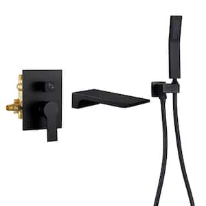 Single-Handle Waterfall Wall Mount Roman Tub Faucet with Hand Shower 3 Hole Brass Bathtub Faucets in Matte Black