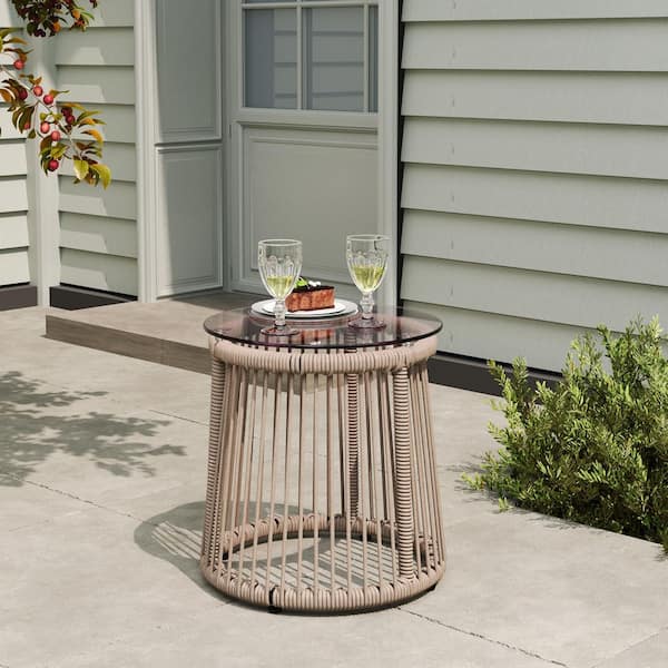 Moonstone Boho Patio 16.50 in. Light Brown Round Metal and Woven Rope Outdoor Side Table with Tempered Glass Top
