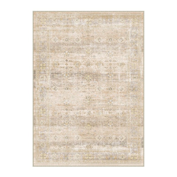 Oasis Secret Beige 9 ft. x 12 ft. Distressed Vintage Floral Area Rug