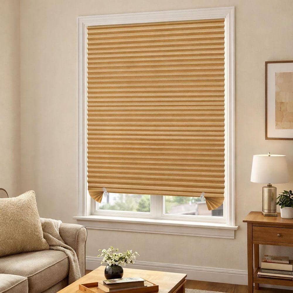 Brown Cordless Light-Filtering Fabric Pleated Shades No-Drill for